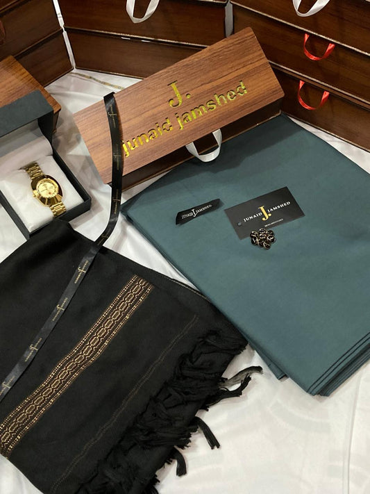 WINTER WASH N WEAR J. SUIT+ J.WHOOL SHWAL+PREMIUM WATCH AND SPECIAL WOODEN BOX (ZINC+BLACK SHWAL)
