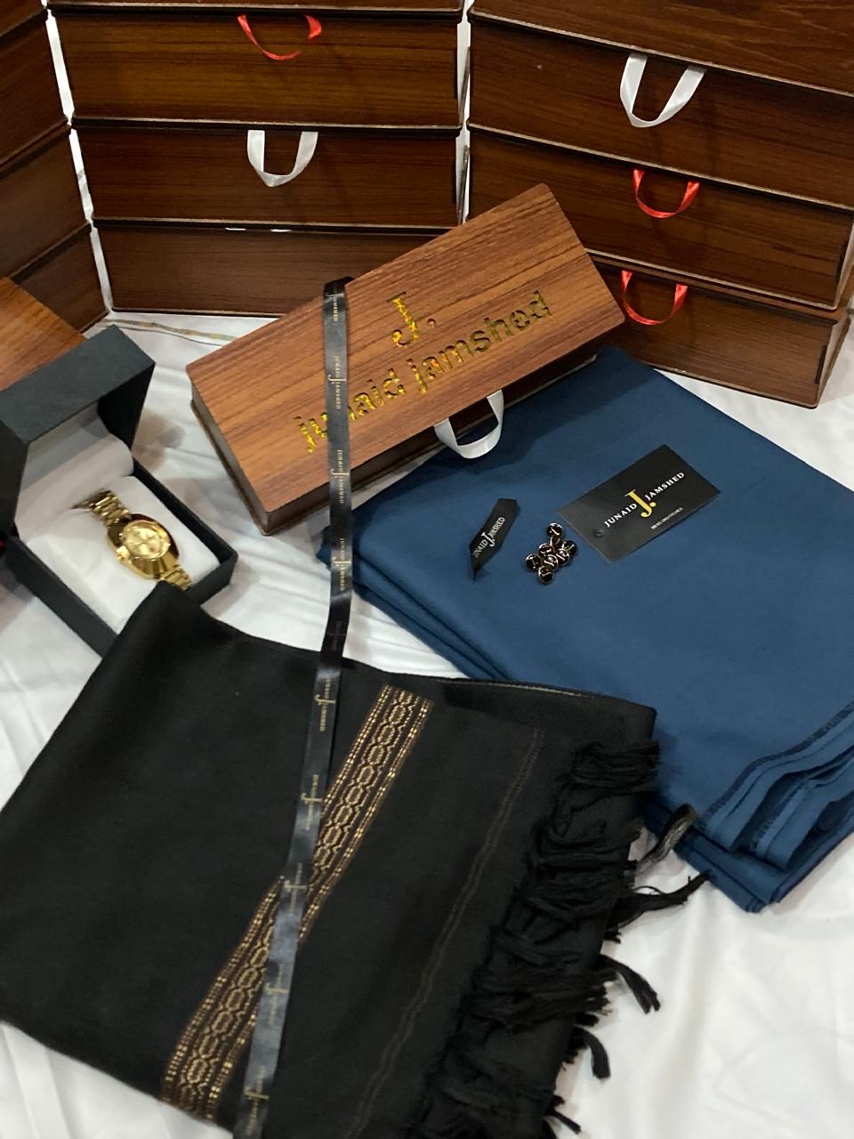 WINTER WASH N WEAR J. SUIT+ J.WHOOL SHWAL+PREMIUM WATCH AND SPECIAL WOODEN BOX (CHARKOL+BLACK)
