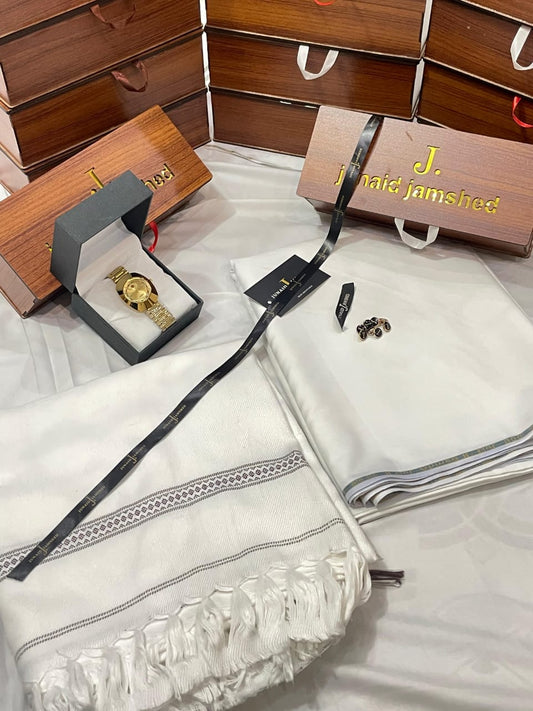 WINTER WASH N WEAR J. SUIT+ J.WHOOL SHWAL+PREMIUM WATCH AND SPECIAL WOODEN BOX (WHITE SHWAL+WHITE SUIT)