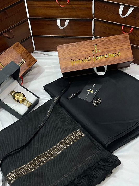 WINTER WASH N WEAR J. SUIT+ J.WHOOL SHWAL+PREMIUM WATCH AND SPECIAL WOODEN BOX (BLACK SHAWL+BLACK SUIT)