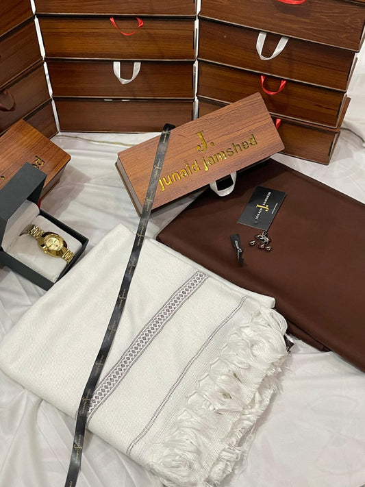 WINTER WASH N WEAR J. SUIT+ J.WHOOL SHWAL+PREMIUM WATCH AND SPECIAL WOODEN BOX (WHITE SHWAL+BROWN SUIT)