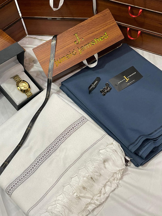 WINTER WASH N WEAR J. SUIT+ J.WHOOL SHWAL+PREMIUM WATCH AND SPECIAL WOODEN BOX (WHITE SHWAL+NAVY BLUE SUIT)