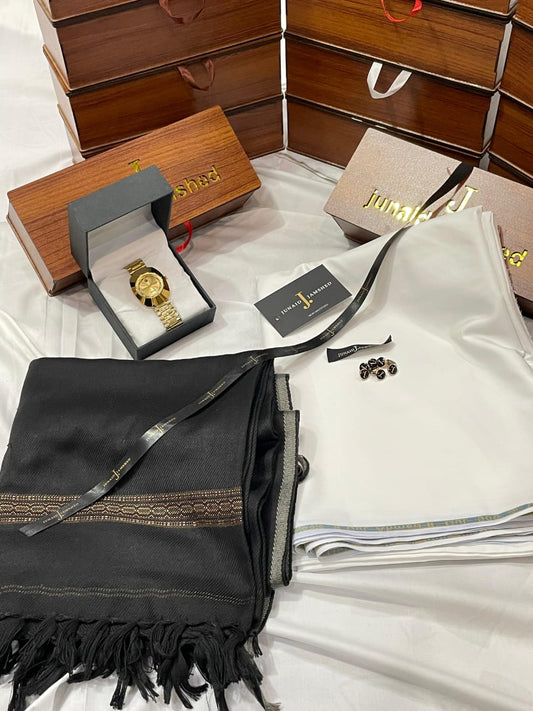 WINTER WASH N WEAR J. SUIT+ J.WHOOL SHWAL+PREMIUM WATCH AND SPECIAL WOODEN BOX (BLACK SHWAL+WHITE SUIT)